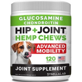 Hemp Treats - Glucosamine Dog Joint Supplement + Omega 3 - w/Hemp Oil - Chondroitin, MSM - Advanced Mobility Chews - Joint Pain Relief - Hip & Joint Care - Chicken Flavor - 120 Ct - Made in USA