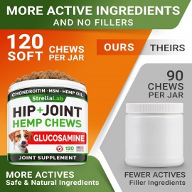 Hemp Treats - Glucosamine Dog Joint Supplement + Omega 3 - w/Hemp Oil - Chondroitin, MSM - Advanced Mobility Chews - Joint Pain Relief - Hip & Joint Care - Chicken Flavor - 120 Ct - Made in USA